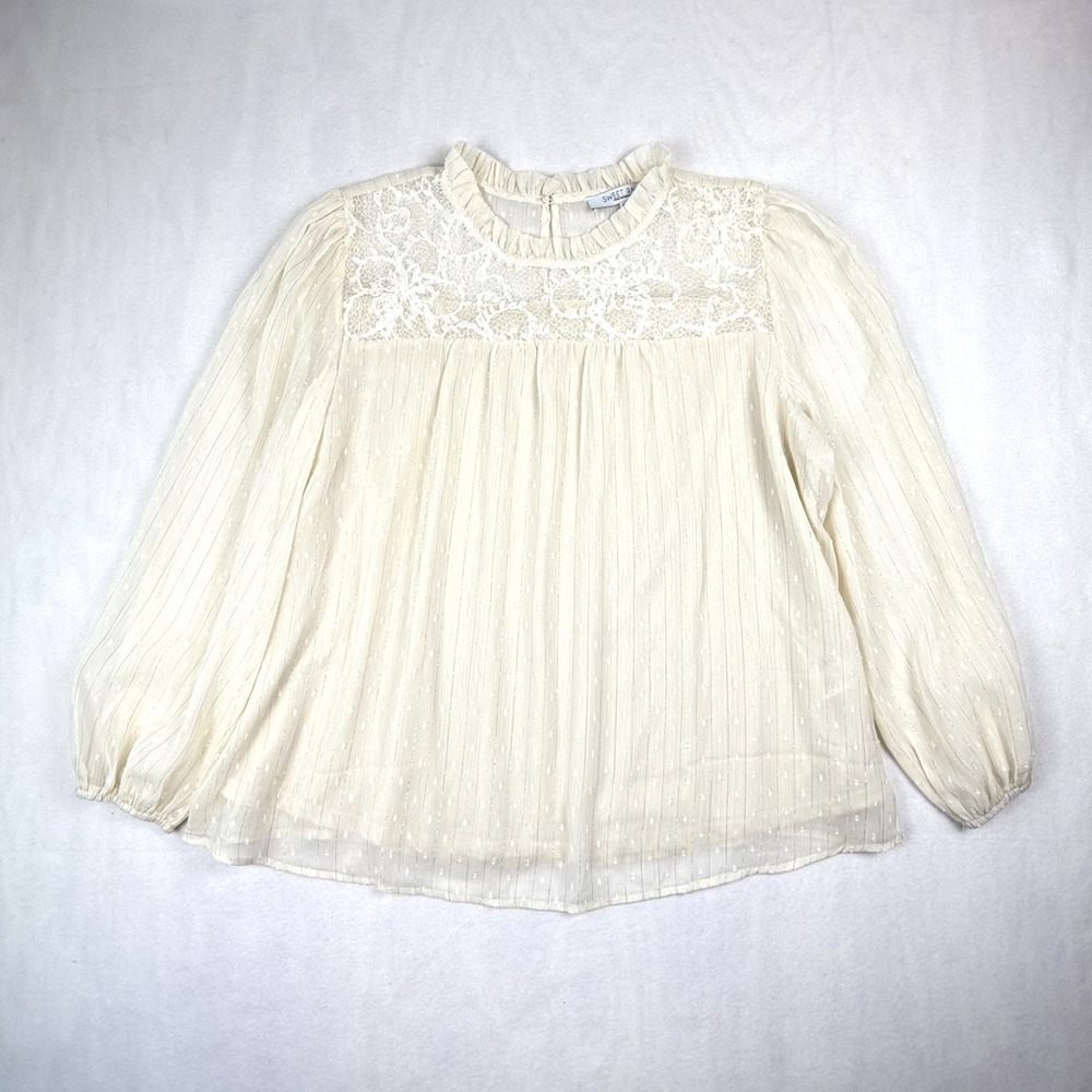 Sweet Rain Top Womens 1X Cream Floral Tiered Lace Yoke Cottagecore Boho Pearl